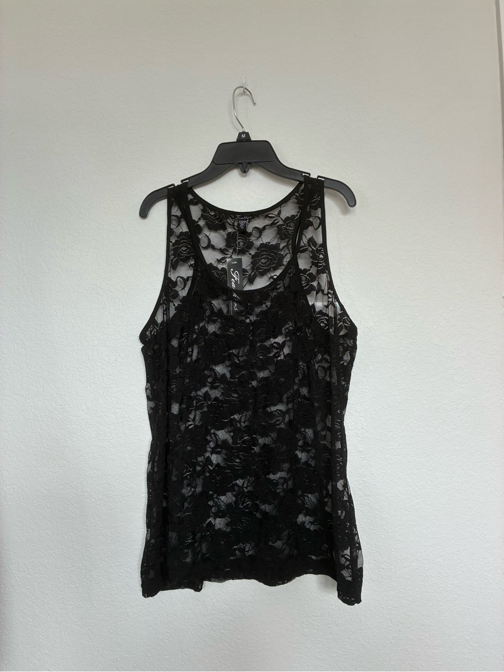 NWT Feathers Sheer Lace Tank Top Womens 2X Black Floral Mesh Sleeveless